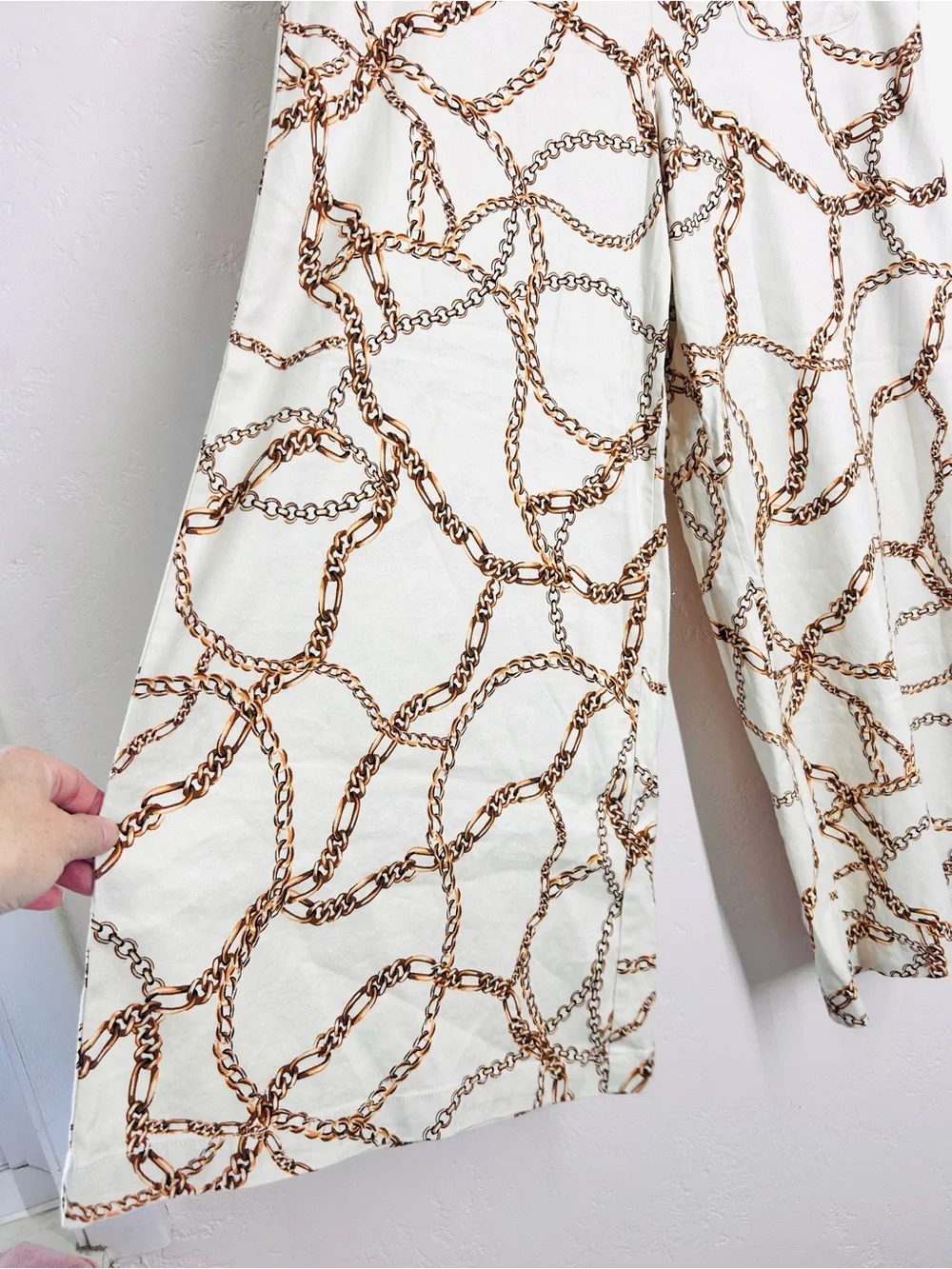 Maeve Linen Blend High-Waist Wide-Leg Chain Print Palazzo Pants 10 Cream NWT - Picture 5 of 13